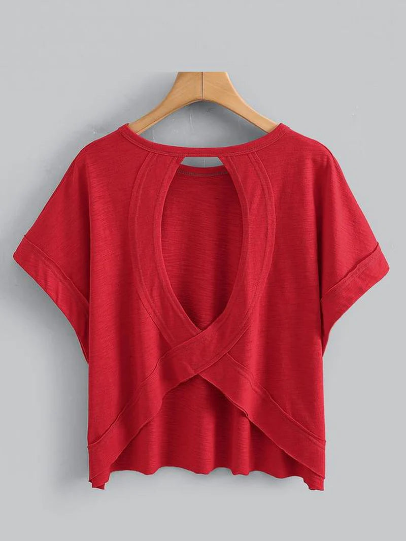 Women'S Plain Cut Out Asymmetrical Hem Batwing Sleeve Tee, Casual Short Sleeve round Neck T-Shirt for Summer, Ladies Clothes for Daily Wear, Tops, Womenswear