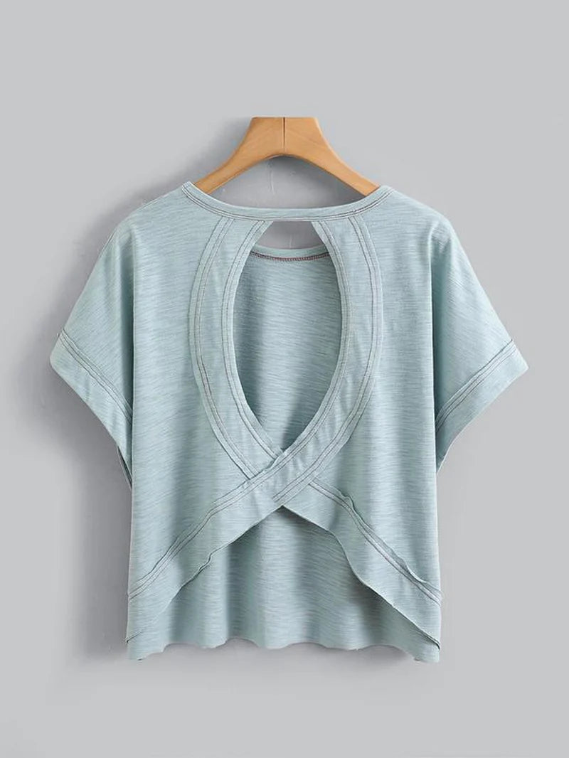 Women'S Plain Cut Out Asymmetrical Hem Batwing Sleeve Tee, Casual Short Sleeve round Neck T-Shirt for Summer, Ladies Clothes for Daily Wear, Tops, Womenswear