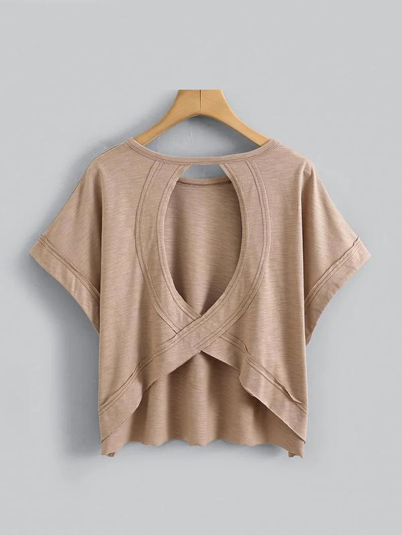 Women'S Plain Cut Out Asymmetrical Hem Batwing Sleeve Tee, Casual Short Sleeve round Neck T-Shirt for Summer, Ladies Clothes for Daily Wear, Tops, Womenswear
