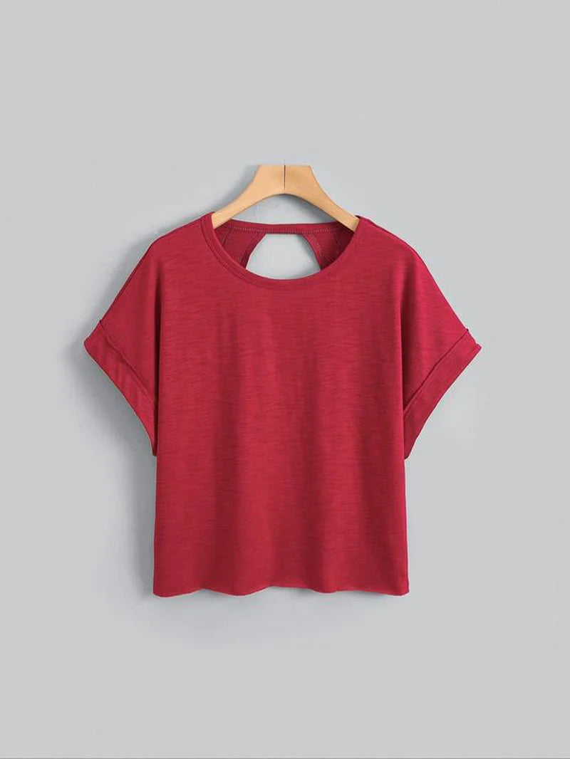 Women'S Plain Cut Out Asymmetrical Hem Batwing Sleeve Tee, Casual Short Sleeve round Neck T-Shirt for Summer, Ladies Clothes for Daily Wear, Tops, Womenswear