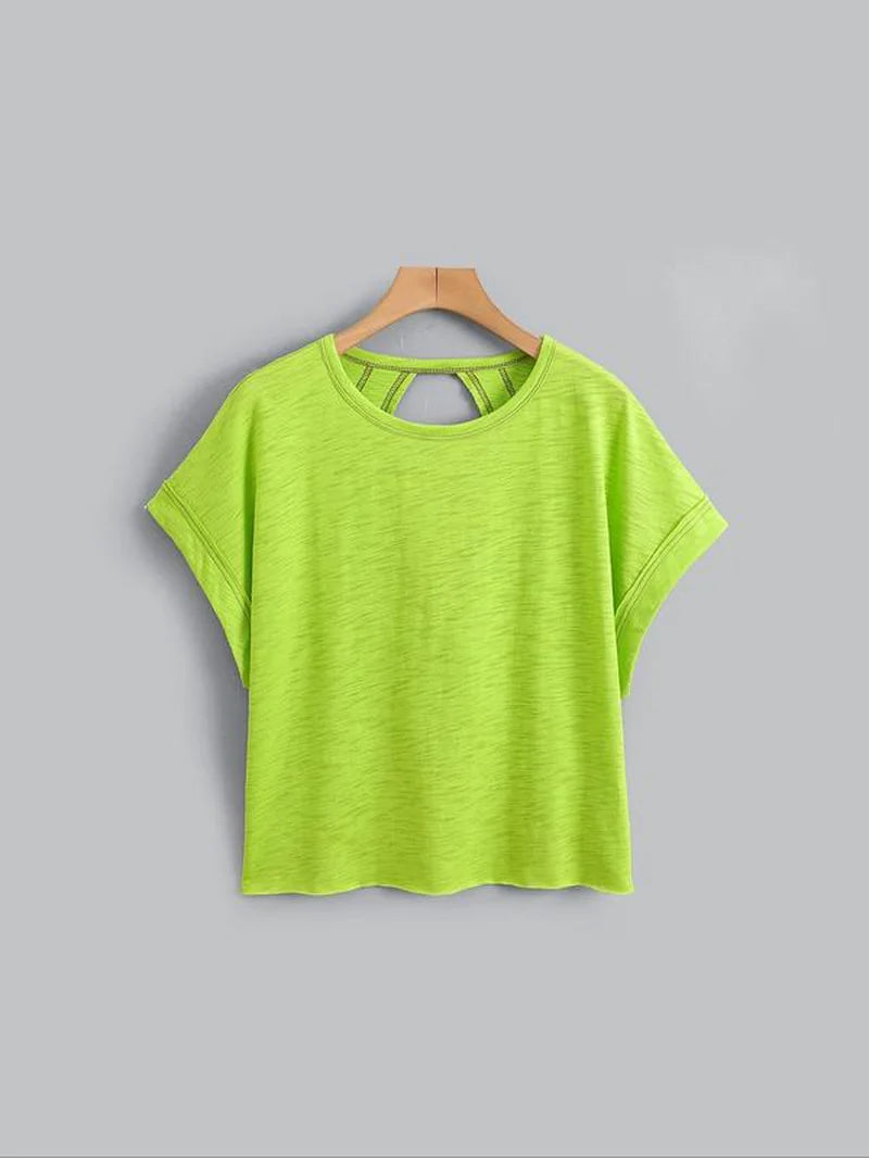 Women'S Plain Cut Out Asymmetrical Hem Batwing Sleeve Tee, Casual Short Sleeve round Neck T-Shirt for Summer, Ladies Clothes for Daily Wear, Tops, Womenswear