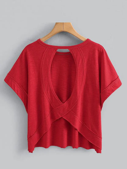 Women'S Plain Cut Out Asymmetrical Hem Batwing Sleeve Tee, Casual Short Sleeve round Neck T-Shirt for Summer, Ladies Clothes for Daily Wear, Tops, Womenswear