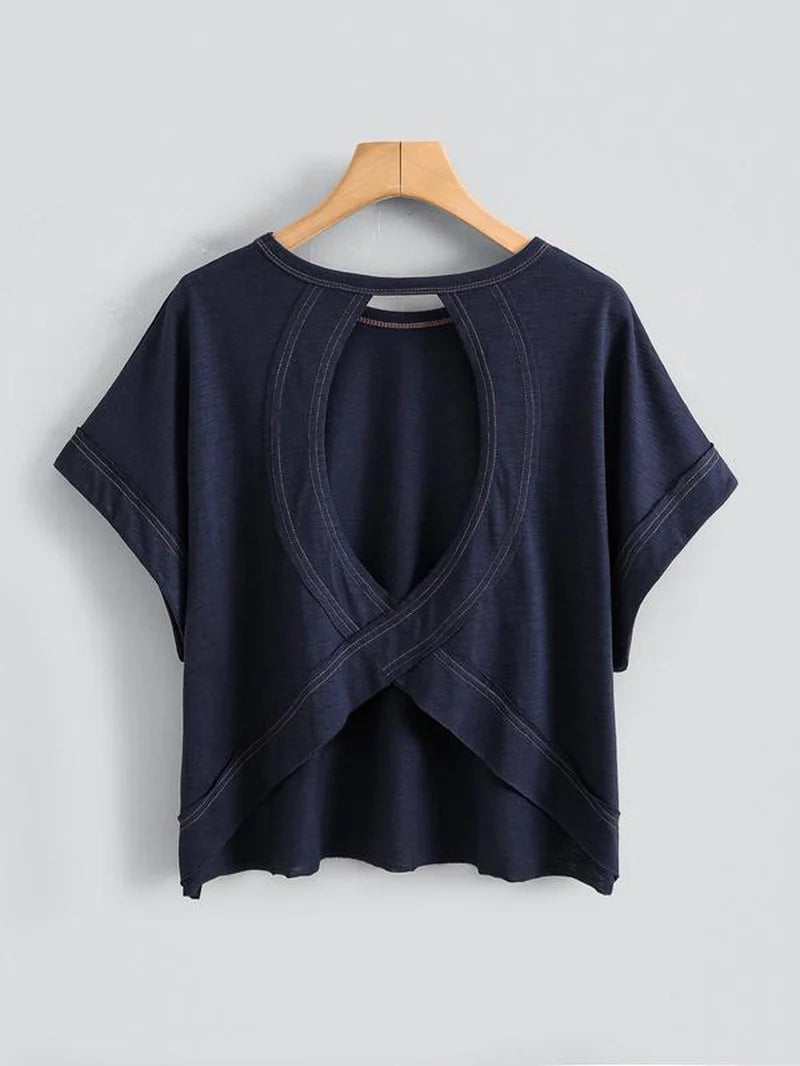 Women'S Plain Cut Out Asymmetrical Hem Batwing Sleeve Tee, Casual Short Sleeve round Neck T-Shirt for Summer, Ladies Clothes for Daily Wear, Tops, Womenswear
