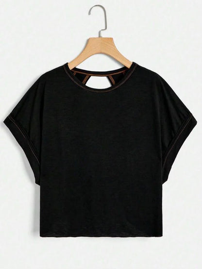 Women'S Plain Cut Out Asymmetrical Hem Batwing Sleeve Tee, Casual Short Sleeve round Neck T-Shirt for Summer, Ladies Clothes for Daily Wear, Tops, Womenswear